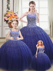 Trendy Royal Blue Sleeveless Floor Length Beading Lace Up Vestidos de Quinceanera