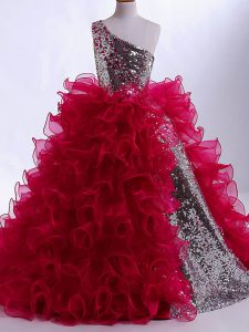 Wine Red Organza and Sequined Zipper Little Girls Pageant Dress Wholesale Sleeveless Floor Length Ruffles and Sequins
