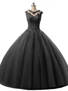 Floor Length Black Sweet 16 Dresses Scoop Sleeveless Lace Up