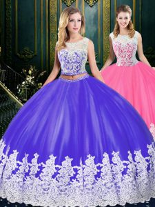 Blue And White Scoop Clasp Handle Appliques and Embroidery Quinceanera Gowns Sleeveless