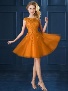 Fine Knee Length Gold Damas Dress Bateau Cap Sleeves Lace Up