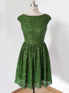 Olive Green Empire Lace Quinceanera Court of Honor Dress Lace Up Lace Cap Sleeves Knee Length