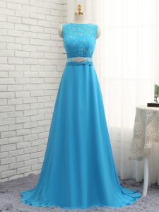 Baby Blue Empire Chiffon Asymmetric Sleeveless Beading and Lace Zipper Quinceanera Court Dresses Brush Train