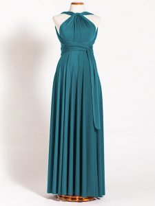 Superior Teal Sleeveless Floor Length Ruching Backless Quinceanera Court of Honor Dress
