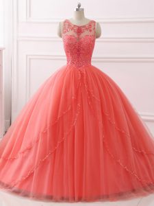 Inexpensive Sweetheart Sleeveless Tulle Quince Ball Gowns Beading and Lace Brush Train Lace Up