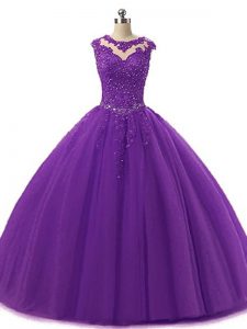 Customized Dark Purple Ball Gowns Tulle Scoop Sleeveless Beading and Lace Floor Length Lace Up Sweet 16 Dresses