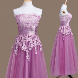 Lilac Lace Up Strapless Appliques Vestidos de Damas Tulle Sleeveless