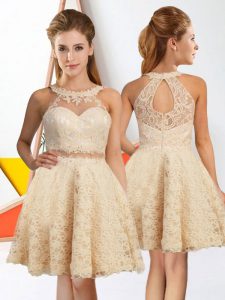 Sleeveless Lace Knee Length Zipper Quinceanera Court Dresses in Champagne with Lace