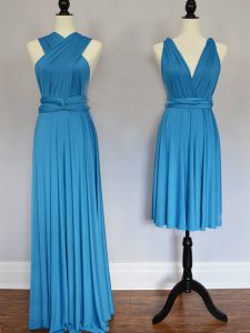 New Style Halter Top Sleeveless Dama Dress Floor Length Ruching Baby Blue Chiffon