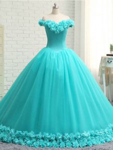 Aqua Blue Ball Gowns Off The Shoulder Sleeveless Tulle Court Train Lace Up Hand Made Flower Quinceanera Gown