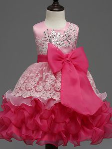 Sleeveless Organza Tea Length Zipper Girls Pageant Dresses in Hot Pink with Lace and Ruffled Layers and Bowknot