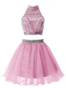 Unique A-line Vestidos de Damas Lilac High-neck Organza Sleeveless Knee Length Zipper