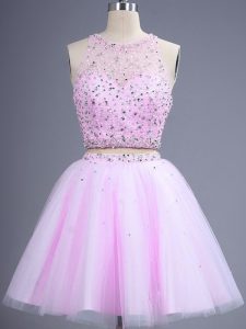 Free and Easy Lilac Tulle Lace Up Court Dresses for Sweet 16 Sleeveless Knee Length Beading