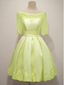 Flirting Off The Shoulder Half Sleeves Lace Up Court Dresses for Sweet 16 Yellow Taffeta