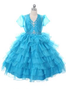 Trendy Ball Gowns Kids Pageant Dress Baby Blue Halter Top Organza Sleeveless Floor Length Lace Up