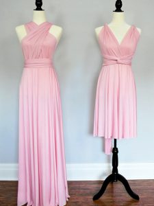 Artistic Baby Pink Empire Chiffon Halter Top Sleeveless Ruching Floor Length Lace Up Vestidos de Damas