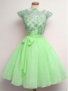 Scalloped Cap Sleeves Chiffon Court Dresses for Sweet 16 Lace and Belt Lace Up
