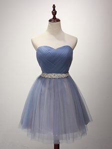 Tulle Sweetheart Sleeveless Lace Up Beading and Ruching Dama Dress for Quinceanera in Blue