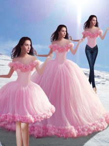 Baby Pink Sleeveless Brush Train Hand Made Flower Quince Ball Gowns