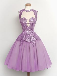 High End Knee Length Lilac Dama Dress for Quinceanera High-neck Sleeveless Lace Up