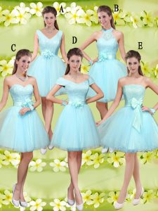 Sumptuous Sleeveless Tulle Knee Length Lace Up Dama Dress for Quinceanera in Aqua Blue with Lace and Belt