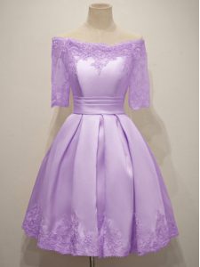 Best Selling Lavender Taffeta Lace Up Dama Dress for Quinceanera Short Sleeves Knee Length Lace