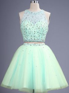Cheap Sleeveless Knee Length Beading Lace Up Quinceanera Court Dresses with Apple Green