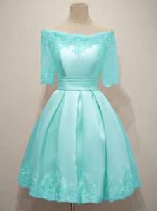 Aqua Blue A-line Off The Shoulder Half Sleeves Taffeta Knee Length Lace Up Lace Dama Dress for Quinceanera