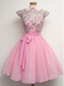 Rose Pink Scalloped Neckline Lace and Belt Vestidos de Damas Cap Sleeves Lace Up
