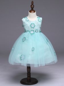 Beauteous Scoop Sleeveless Kids Pageant Dress Knee Length Appliques and Bowknot Apple Green Tulle
