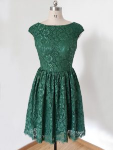 Glorious Dark Green Lace Up Scoop Lace Quinceanera Court of Honor Dress Lace Cap Sleeves