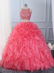 Stylish Sleeveless Floor Length Beading and Ruffles Lace Up Quinceanera Gowns with Hot Pink