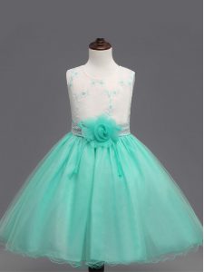 Apple Green Ball Gowns Appliques and Hand Made Flower Little Girl Pageant Gowns Zipper Organza Sleeveless Knee Length