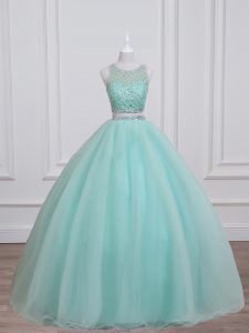 Aqua Blue Ball Gowns Scoop Sleeveless Organza and Taffeta Floor Length Lace Up Beading Sweet 16 Dress