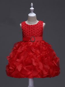 Luxurious Sleeveless Organza Knee Length Lace Up Pageant Gowns For Girls in Red with Ruffles and Belt