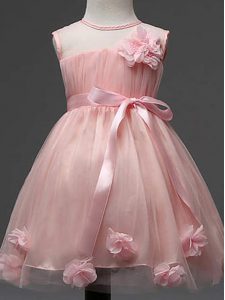 Custom Design Pink Ball Gowns Scoop Sleeveless Tulle Knee Length Zipper Hand Made Flower Little Girl Pageant Dress