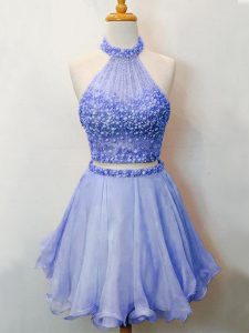 Custom Made Lavender Quinceanera Court Dresses Prom and Party and Wedding Party with Beading Halter Top Sleeveless Lace Up