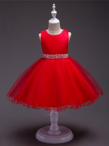 Customized Red Scoop Zipper Beading Kids Formal Wear Sleeveless