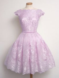 Lilac Lace Up Scalloped Lace Quinceanera Court of Honor Dress Lace Cap Sleeves