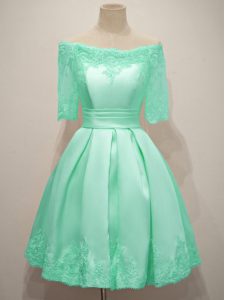 Elegant Lace Quinceanera Dama Dress Turquoise Lace Up Half Sleeves Knee Length