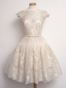 Lovely Champagne A-line Lace Dama Dress Lace Up Lace Cap Sleeves Knee Length