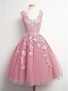 Fancy A-line Dama Dress for Quinceanera Pink V-neck Tulle Sleeveless Knee Length Lace Up