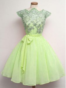 Knee Length A-line Cap Sleeves Yellow Green Quinceanera Dama Dress Lace Up