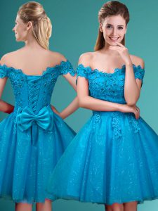 Aqua Blue Tulle Lace Up Off The Shoulder Cap Sleeves Knee Length Dama Dress Lace and Belt