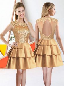 Gold A-line Beading and Lace Quinceanera Dama Dress Backless Taffeta Sleeveless Knee Length