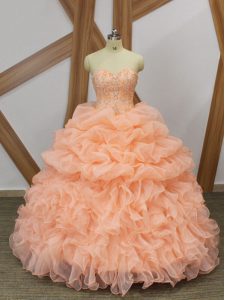 Sweetheart Sleeveless Sweep Train Lace Up Quinceanera Gown Peach Organza