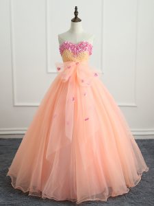 Sleeveless Floor Length Beading and Appliques and Bowknot Lace Up Vestidos de Quinceanera with Peach