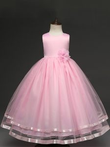Nice Ball Gowns Little Girl Pageant Gowns Baby Pink Scoop Tulle Sleeveless Floor Length Zipper
