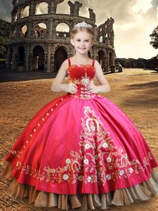 Inexpensive Straps Sleeveless Little Girls Pageant Dress Wholesale Floor Length Embroidery Hot Pink Taffeta