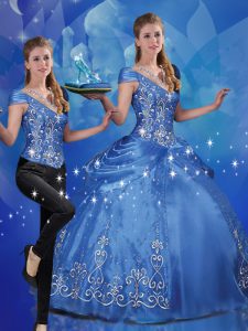 Shining Blue Two Pieces Organza Off The Shoulder Cap Sleeves Beading and Embroidery Floor Length Lace Up Quinceanera Dress